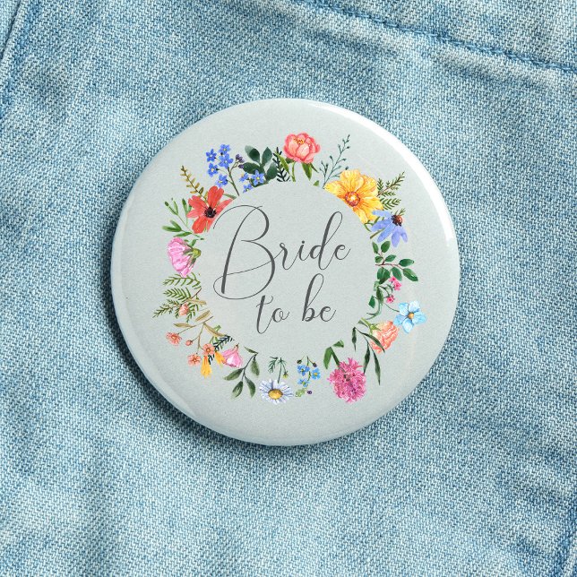 Wildflower Bride to Be Script Wedding  3 Cm Round Badge (Bride to be Wildflower Watercolor Floral Wreath Wedding Button)