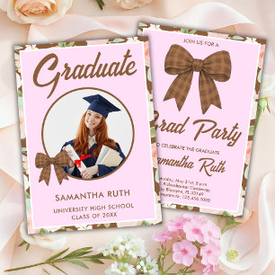 Wildflower Brown Gingham Bow Photo Graduation Invitation