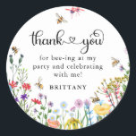 Wildflower & BumbleBee Kids Birthday  Classic Round Sticker<br><div class="desc">Adorable Birthday Party Stickers - design features a variety of colourful watercolor wildflowers and cute little bumble bees. The template includes the cute saying 'Thank you for bee-ing at my party' with a combination of calligraphy script and serif fonts.</div>