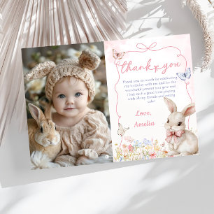 Wildflower Bunny Girl Pink Birthday Photo Thank You Card
