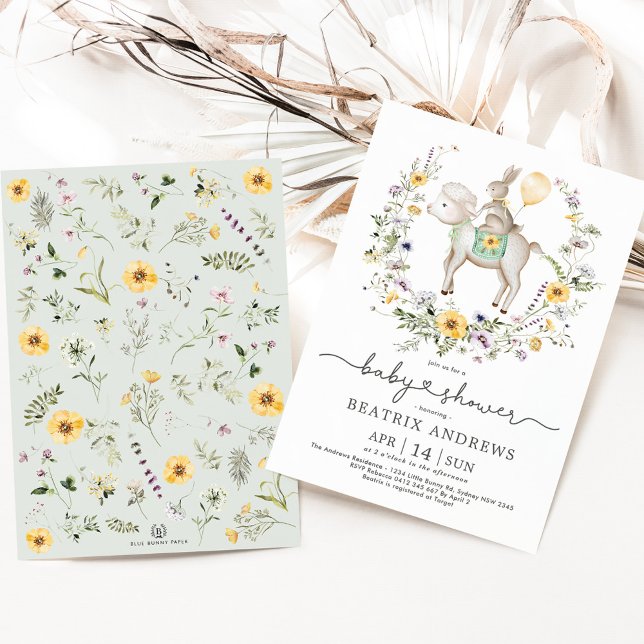 Wildflower Bunny Lamb Balloon Neutral Baby Shower Invitation (Creator Uploaded)