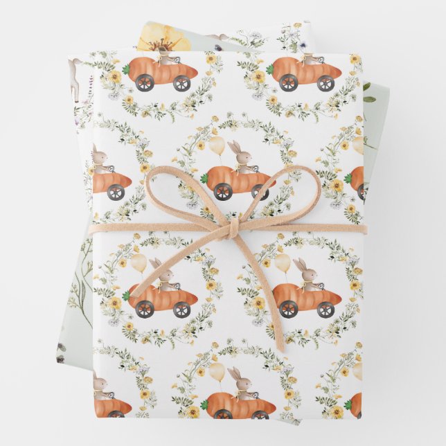 Wildflower Bunny Lamb Easter Rabbit Spring Garden Wrapping Paper Sheet (In situ)