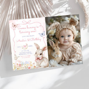 Wildflower Bunny Pink Girl Birthday Photo Invitation