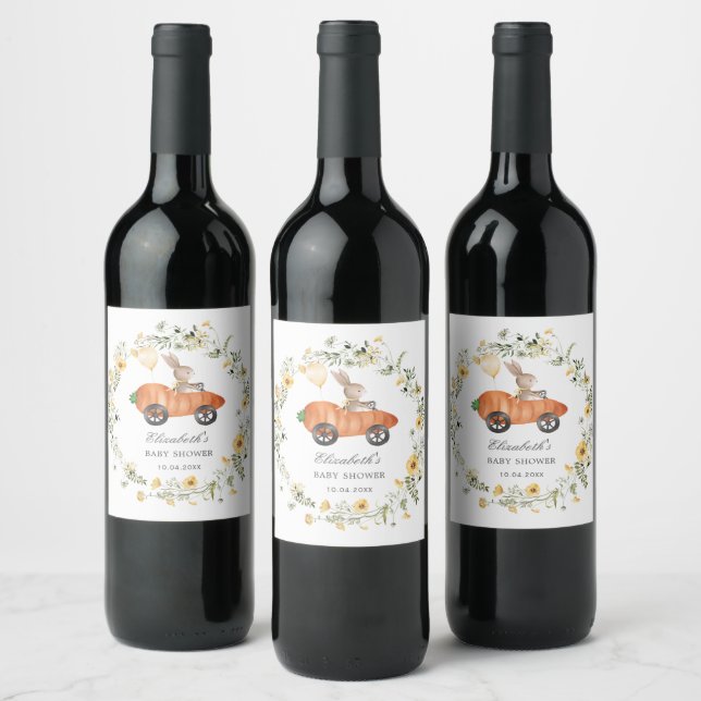Wildflower Bunny Riding Carrot Car Party Favours Wine Label (Bottles)