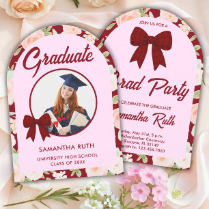 Wildflower Burgundy Gingham Bow Photo Graduation Invitation