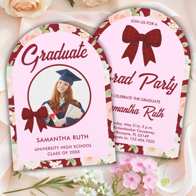 Wildflower Burgundy Gingham Bow Photo Graduation Invitation (Creator Uploaded)