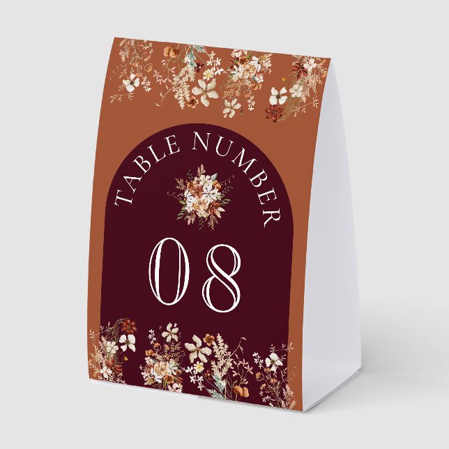 Wildflower Burgundy Wedding Table Number (Front)