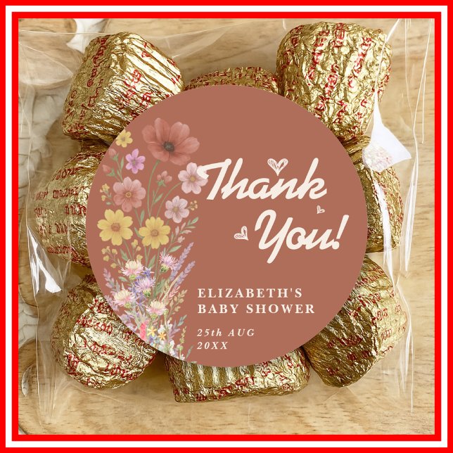 Wildflower Burnt Orange Baby Shower Thank You Classic Round Sticker (Creator Uploaded)