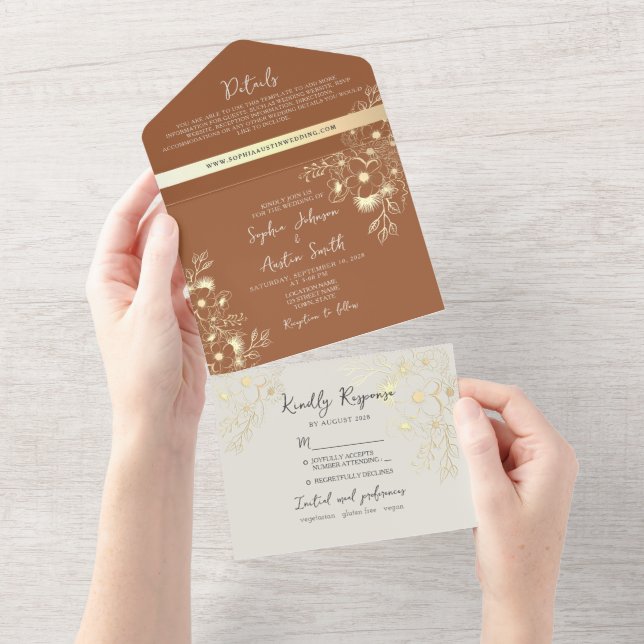 Wildflower Burnt Orange Wedding All In One Invitation (Tearaway)