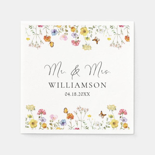 Wildflower Butterflies Boho Mr. & Mrs. Wedding Napkin (Front)