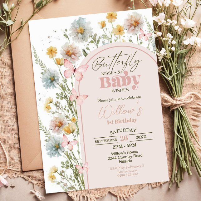 Wildflower Butterfly Baby Shower Invitation (Butterfly Kisses and Baby Wishes Wildflower Butterfly Baby Shower Invitation)