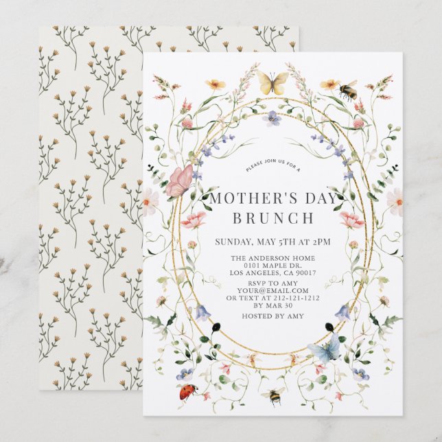 Wildflower Butterfly Bee Mother's Day Brunch Invitation (Front/Back)
