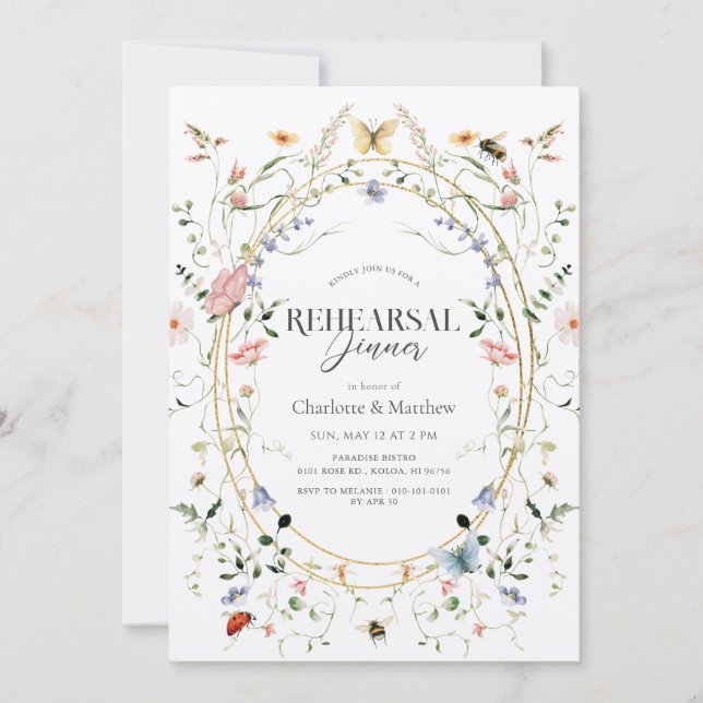 Wildflower Butterfly Bee Rehearsal Dinner Invitation (Front)