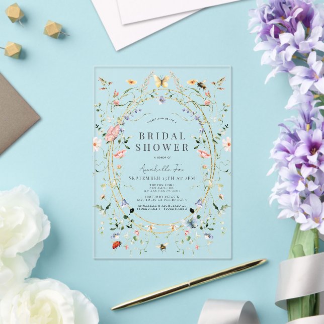 Wildflower Butterfly Bee Watercolor Bridal Shower Acrylic Invitations (Insitu (Wedding))