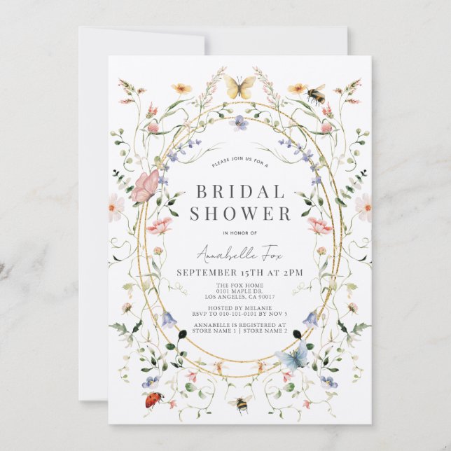 Wildflower Butterfly Bee Watercolor Bridal Shower Invitation (Front)
