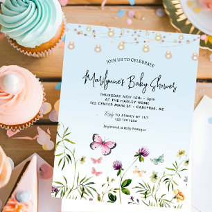 Wildflower Butterfly Blue Script Baby Shower Invitation