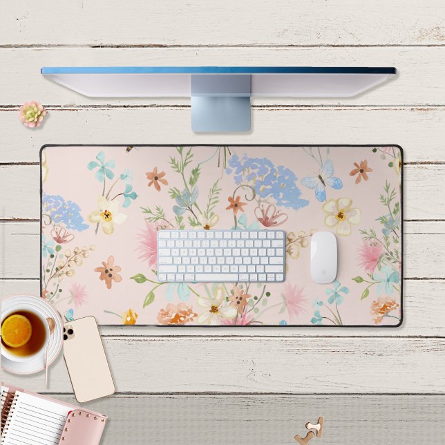 Wildflower Butterfly Blush Pink Floral Watercolor Desk Mat (Creator Uploaded)