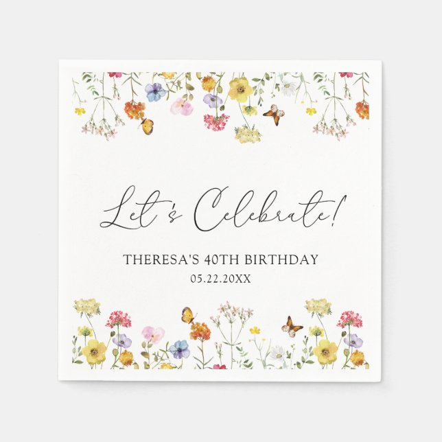 Wildflower Butterfly Boho Let's Celebrate Birthday Napkin (Front)