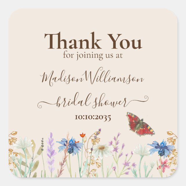 Wildflower Butterfly Bridal Shower Thank You Square Sticker (Front)