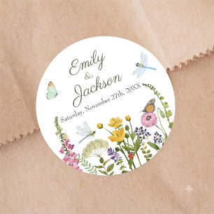 Wildflower Butterfly Dragonfly Watercolor Wedding Classic Round Sticker