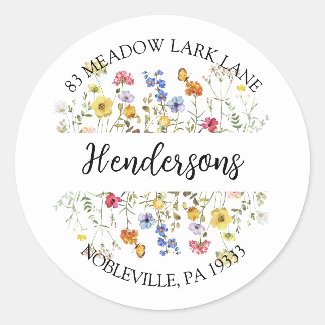 Wildflower Butterfly Floral Boho Address Classic Round Sticker (Front)