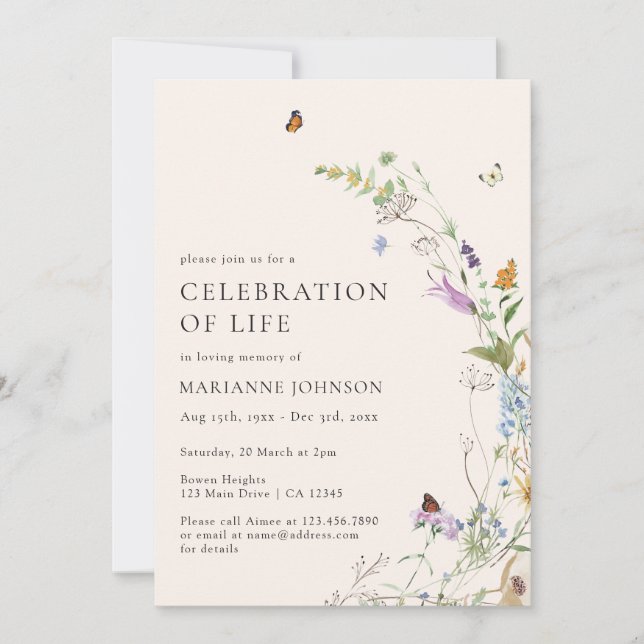 Wildflower Butterfly Floral Celebration of Life Invitation (Front)