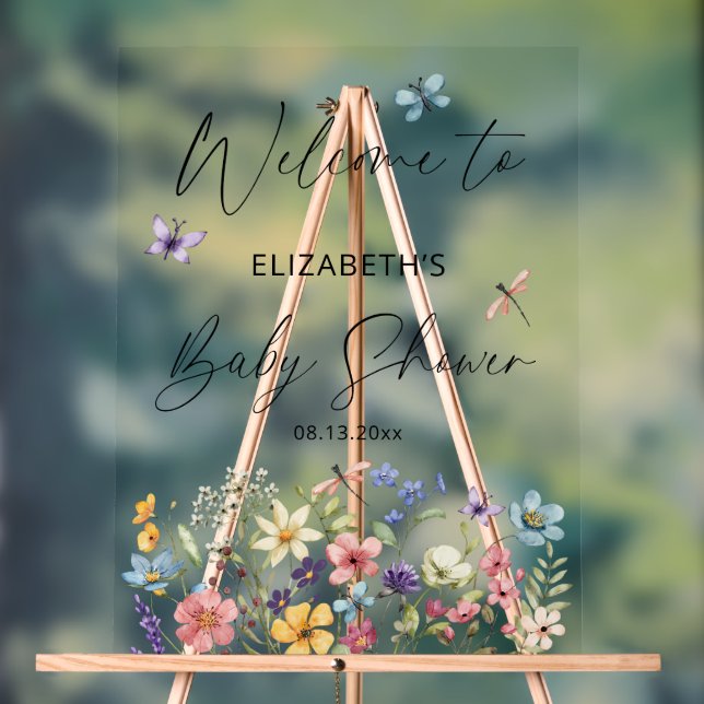 Wildflower Butterfly Garden Baby Shower Welcome Acrylic Sign (Neutral)