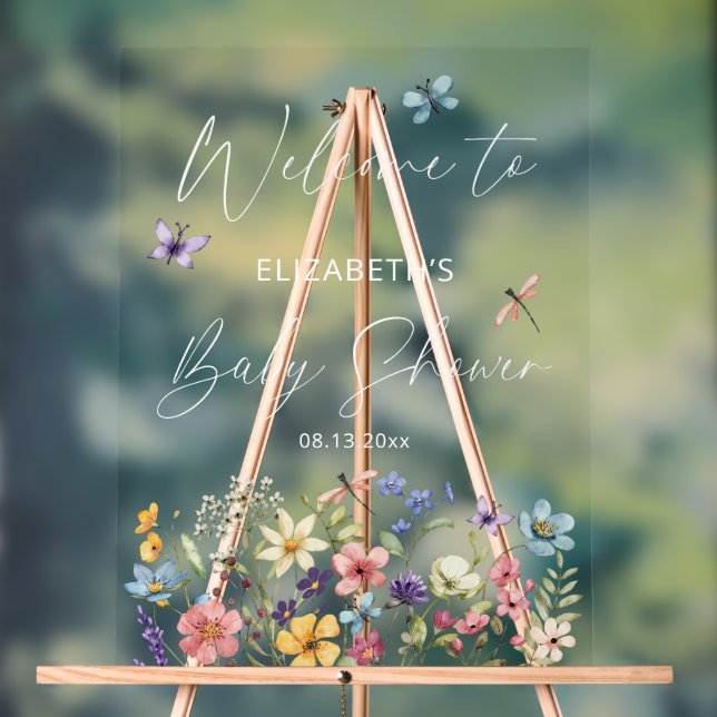 Wildflower Butterfly Garden Baby Shower Welcome Acrylic Sign (Neutral)