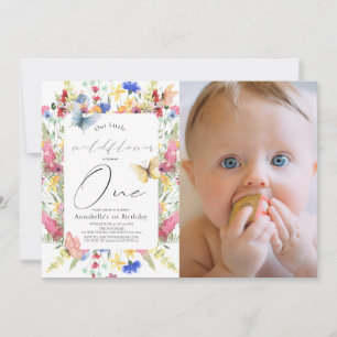 Wildflower Butterfly Girl 1st Birthday Photo Invitation