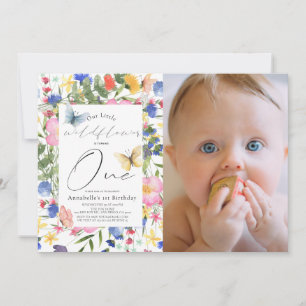 Wildflower Butterfly Girl 1st Birthday Photo Invitation