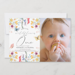 Wildflower Butterfly Girl 1st Birthday Photo Invitation