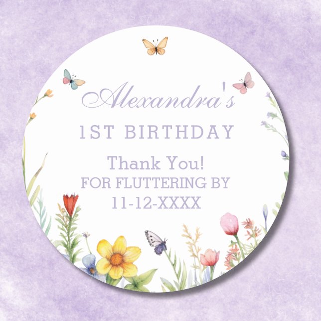 Wildflower Butterfly Girl 1st Birthday Thank You  Classic Round Sticker (Creator Uploaded)
