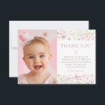 Wildflower Butterfly Girls 1st Birthday Photo Thank You Card<br><div class="desc">1st Birthday Photo Thank You Card | A pretty wildflower theme for your little girls 1st birthday party! Featuring a pink butterfly and pink and purple wildflower floral design with a modern script font and photo of your adorable little one.</div>