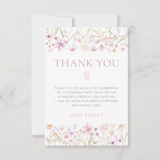 Wildflower Butterfly Girls 1st Birthday Thank You Card (Front)