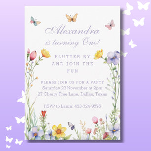 Wildflower Butterfly One Baby Girl 1st Birthday Invitation