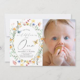 Wildflower Butterfly Oval 1st Birthday Photo Invitation