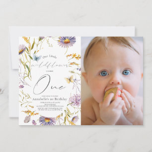 Wildflower Butterfly Purple 1st Birthday Photo Invitation