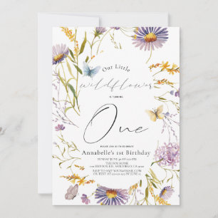 Wildflower Butterfly Purple Girl 1st Birthday Invitation
