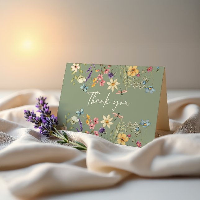 Wildflower  & Butterfly Sage Green Bridal Shower  Thank You Card (Creator Uploaded)