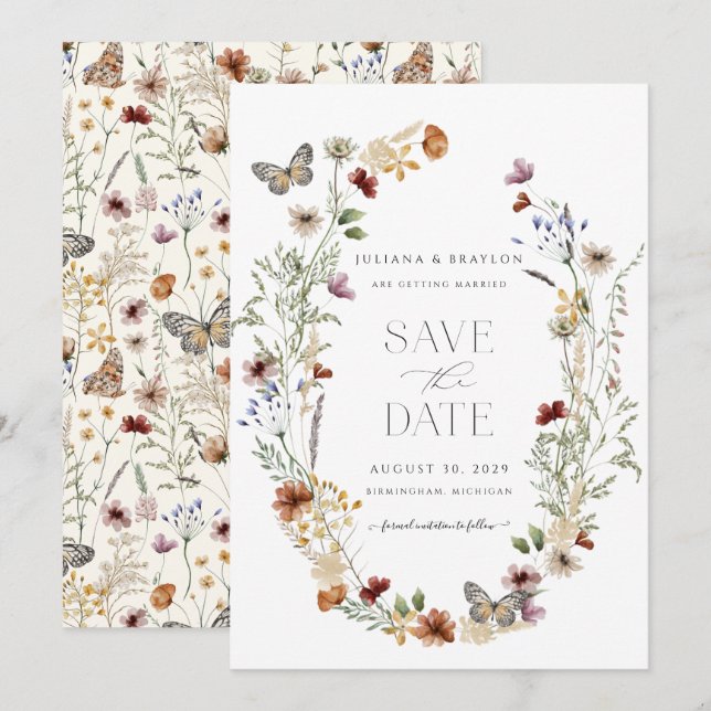 Wildflower Butterfly Simple Floral  Save The Date (Front/Back)