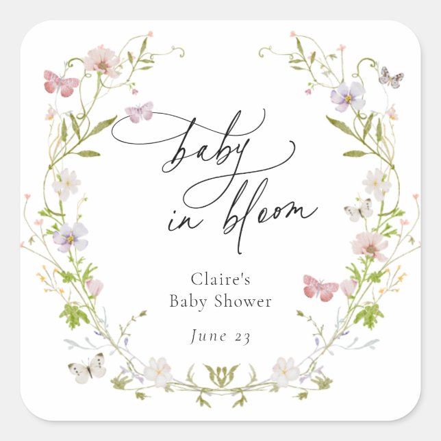 Wildflower Butterfly Wreath Baby in Bloom Square Sticker (Front)