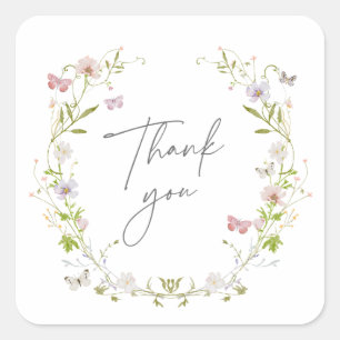 Wildflower Butterfly Wreath Thank You Square Sticker