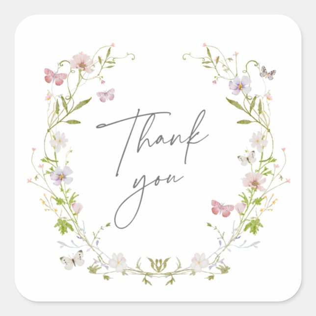 Wildflower Butterfly Wreath Thank You Square Sticker (Front)