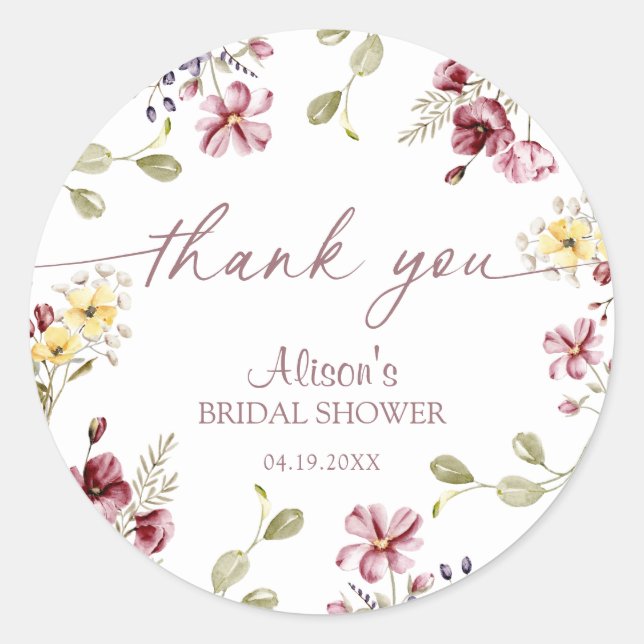Wildflower Calligraphy Mauve Bridal Shower Classic Round Sticker (Front)