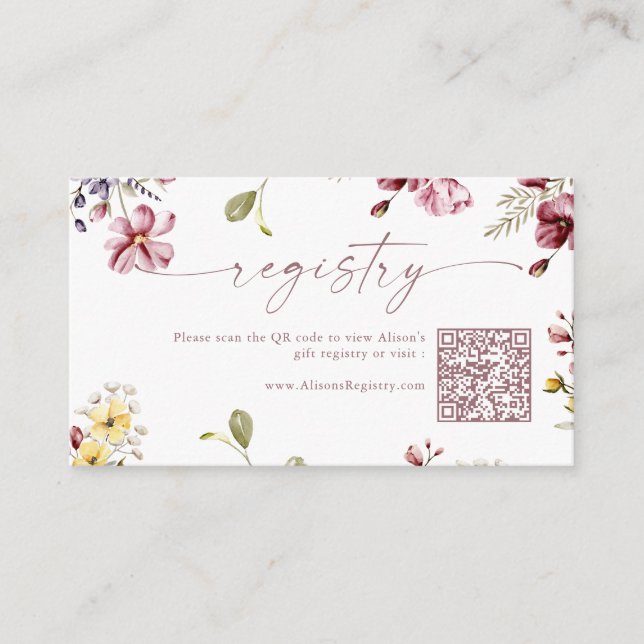 Wildflower Calligraphy Mauve QR Code Gift Registry Enclosure Card (Front)