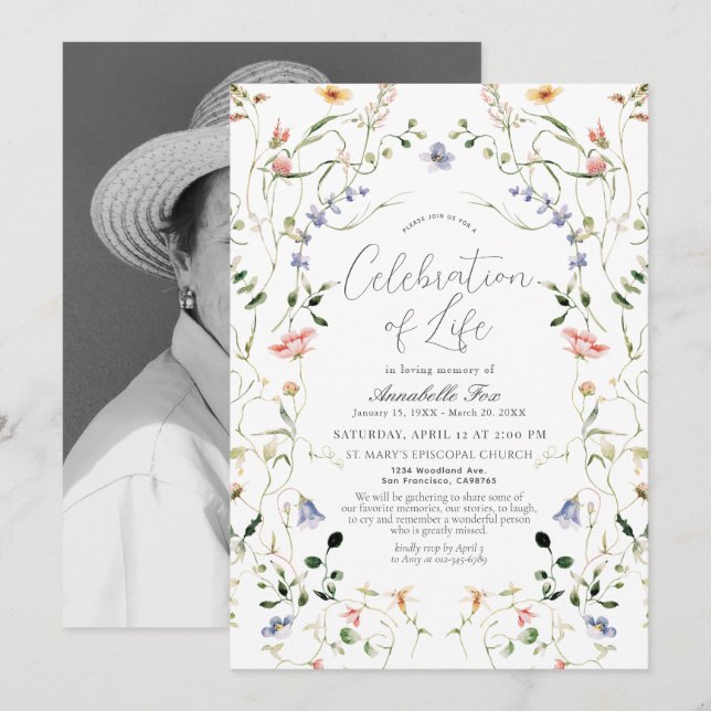 Wildflower Celebration of Life Funeral Memorial Invitation (Front/Back)