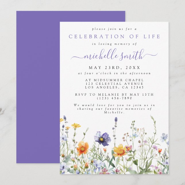 Wildflower Celebration of Life Memorial Funeral Invitation (Front/Back)