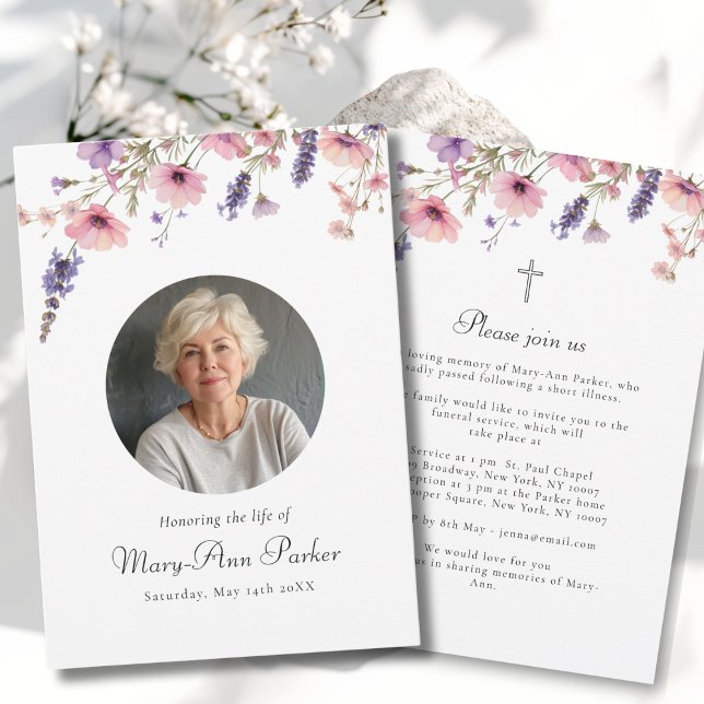 Wildflower "Celebration of Life" Photo Funeral  Invitation (Wildflower "Celebration of Life" Photo Funeral Purple Pink Green White Invitation)