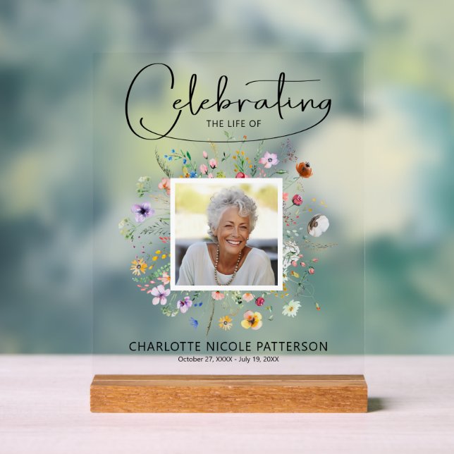 Wildflower Celebration of Life Photo Memorial Acrylic Sign (Neutral)