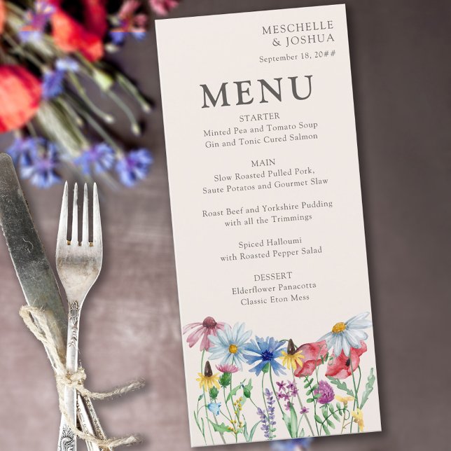 Wildflower Charm Country Floral Wedding Menu (Floral wedding table decor for wedding reception, bridesmaids luncheon, rehearsal dinner ..)